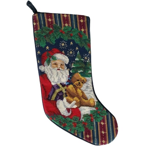 Santa Needlepoint Christmas Stocking Wool Teddy Bear Tree Holly Blue Velvet 18" - Picture 2 of 10